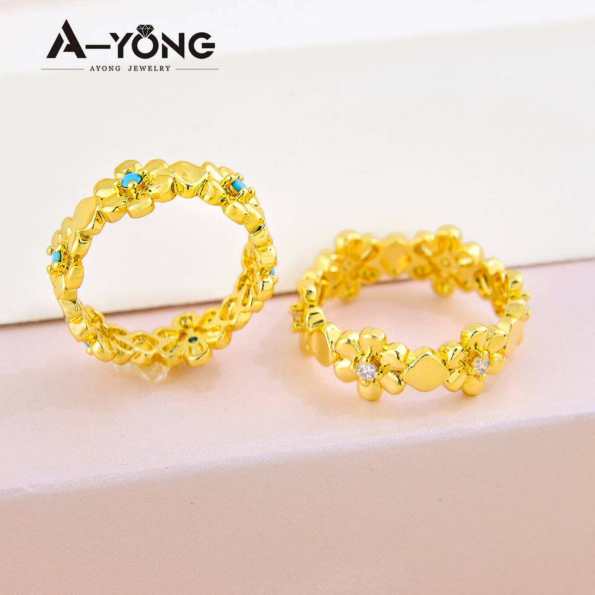 Dainty Jewelry Turquoise Resin Flower Ring Brass 18k Gold Crystal Gold Plated Ring for Women