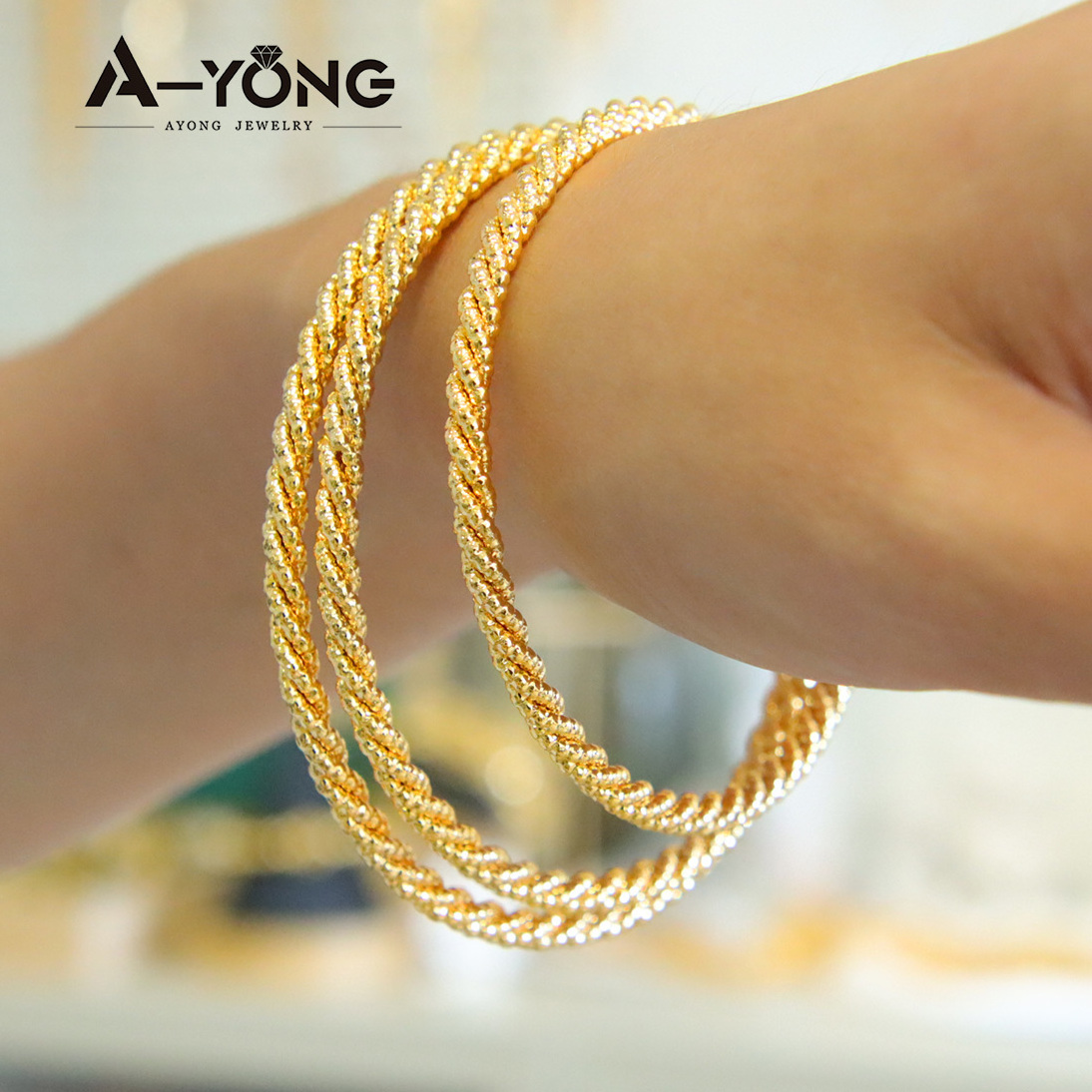 Saudi Arabia Style 18K Gold Plated Twist Bangles Set Custom Unique Design 3pcs Bangles For Women