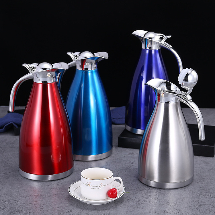 1.5L/2L Stainless Steel thermos Silver Coffee Pot Vacuum Insulation Flasks Thermos Bottles with Press Button and Handle