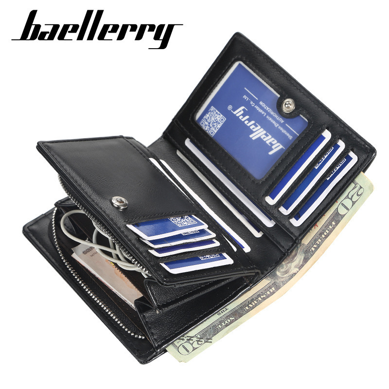 Fashion Baellerry Logo PU Leather Zipper RFID Blocking Man Small Coin Purse Short Bifold Wallet for Men