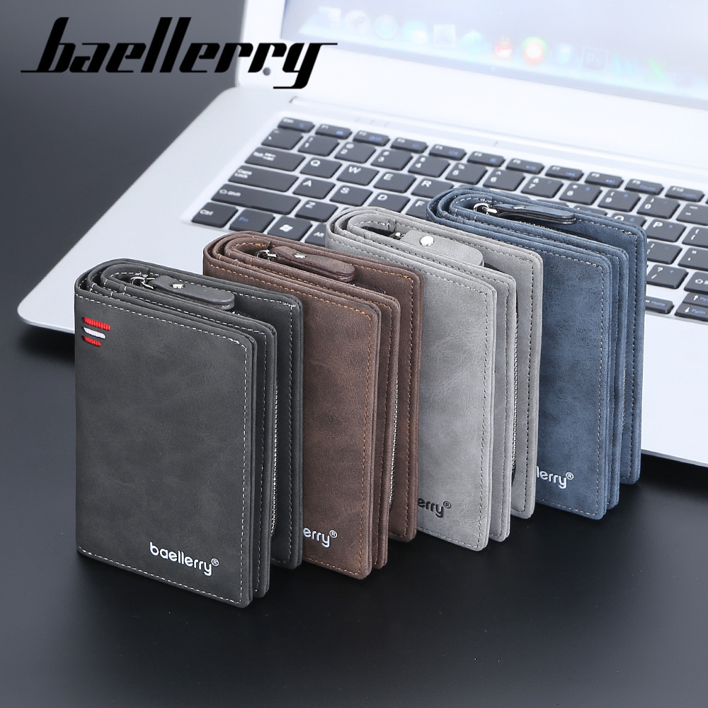 Fashion Baellerry Logo PU Leather Zipper RFID Blocking Man Small Coin Purse Short Bifold Wallet for Men