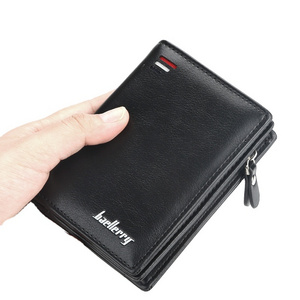 Fashion Baellerry Logo PU Leather Zipper RFID Blocking Man Small Coin Purse Short Bifold Wallet for Men