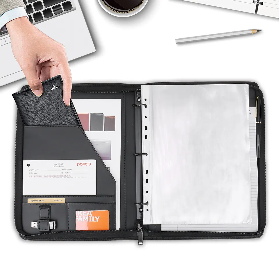 Wholesale Black Smooth PU Leather Document Bag Conference Binder A4 Folder Portfolio for Men