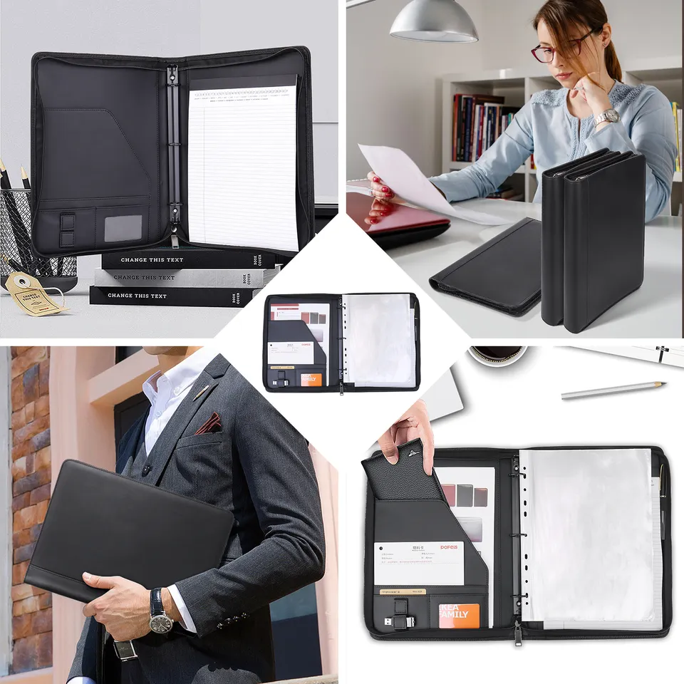 Wholesale Black Smooth PU Leather Document Bag Conference Binder A4 Folder Portfolio for Men