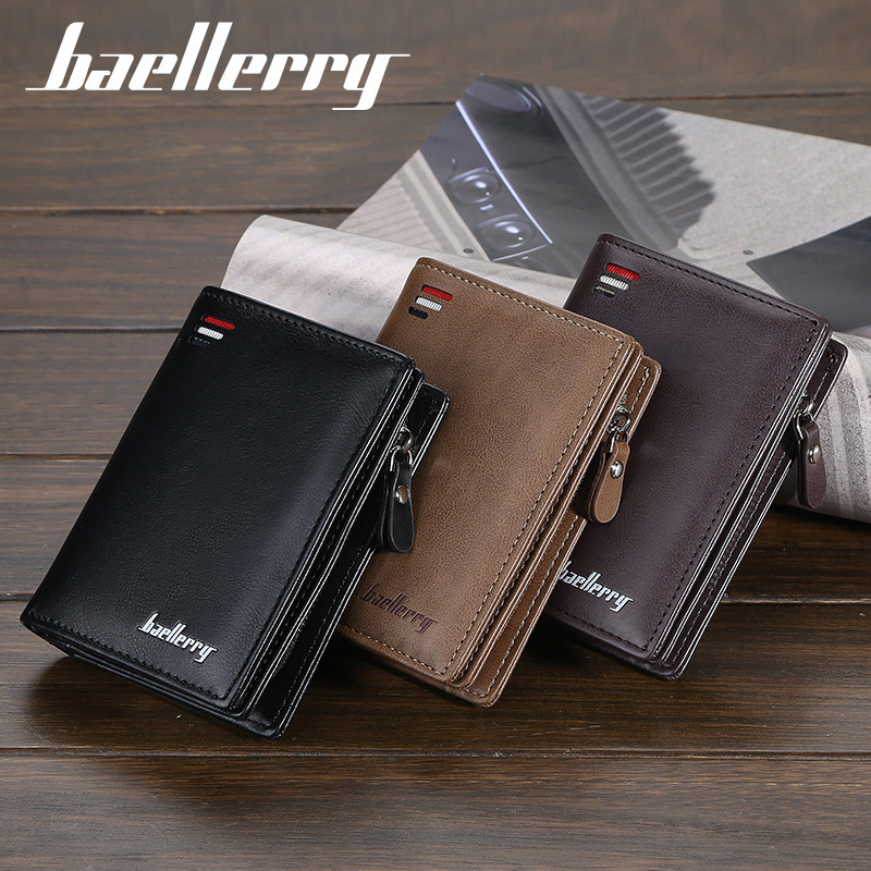 Fashion Baellerry Logo PU Leather Zipper RFID Blocking Man Small Coin Purse Short Bifold Wallet for Men