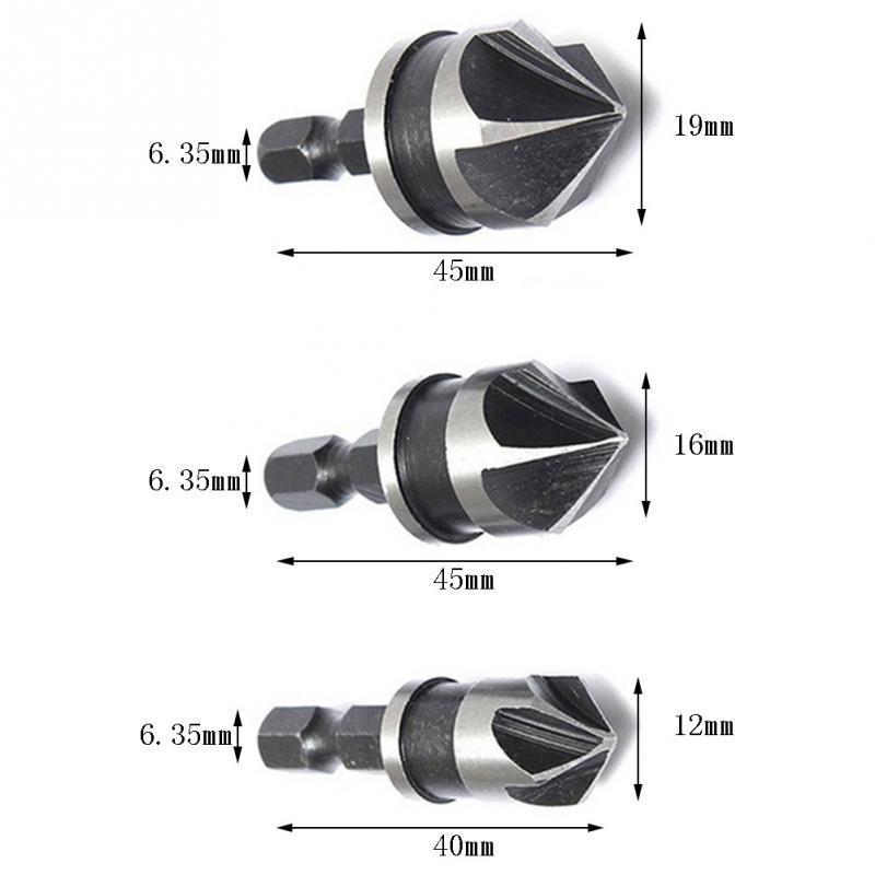 3PC HCS Countersink Bore Chamfer Bit Set 12mm 16mm 19mm 5 Flutes 90 Degree 1/4'' Hex Shank Countersink Drill Bit for Wood Plasti