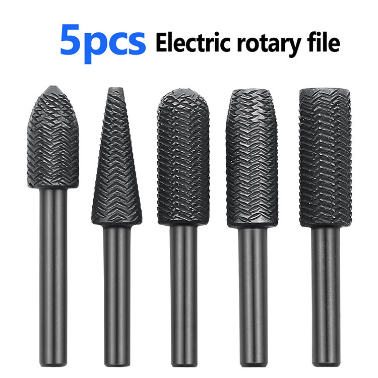 5pcs 6mm Shank Rotary Steel File Rasp Wood Drill Bits Burrs Metal Grinding Grooved Sanding Engraving Milling Polish Tool