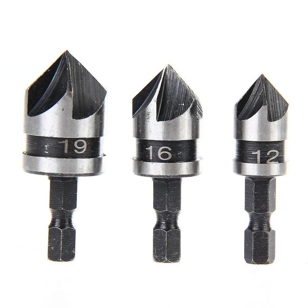 3PC HCS Countersink Bore Chamfer Bit Set 12mm 16mm 19mm 5 Flutes 90 Degree 1/4'' Hex Shank Countersink Drill Bit for Wood Plasti