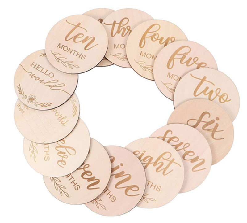 Y8003 Handcrafted Unisex Reversible Laser Engraved Baby Monthly Milestone Pearhead Wooden Circles Discs Cards