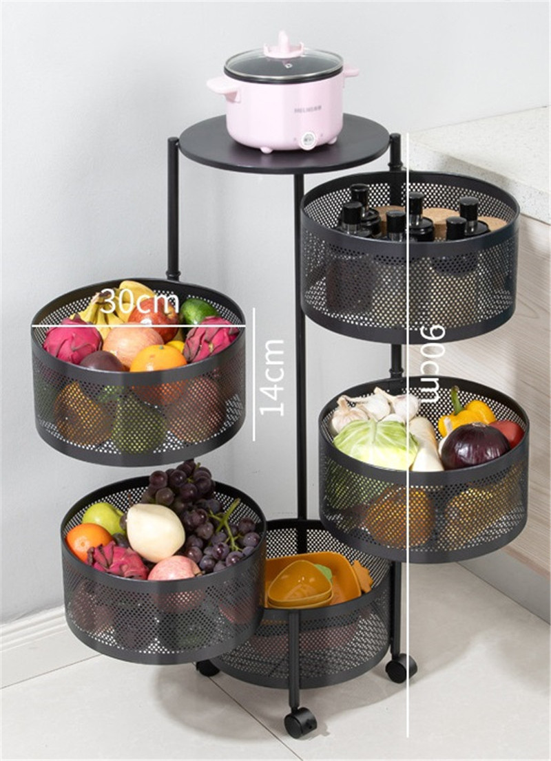 J2051 Kitchen Rotating Storage Shelves Rack With 5-Tier Metal Multi Layer Removable Basket Shelf Organizer Rolling Wheels