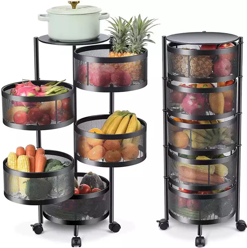 J2051 Kitchen Rotating Storage Shelves Rack With 5-Tier Metal Multi Layer Removable Basket Shelf Organizer Rolling Wheels