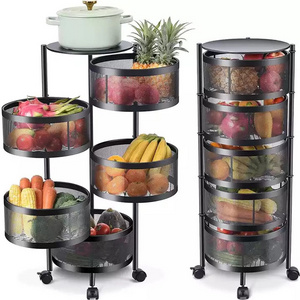 J2051 Kitchen Rotating Storage Shelves Rack With 5-Tier Metal Multi Layer Removable Basket Shelf Organizer Rolling Wheels