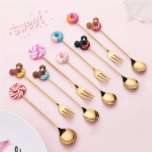 Y5507 Amazon hot sale cute cartoon Donut coffee Spoon Gold Stainless Steel fruit fork