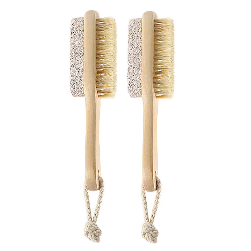 Factory Direct Eco-Friendly Natural Double Side Wood Foot Pumice Stone Brush With Boar Bristle Nail Clean Brush