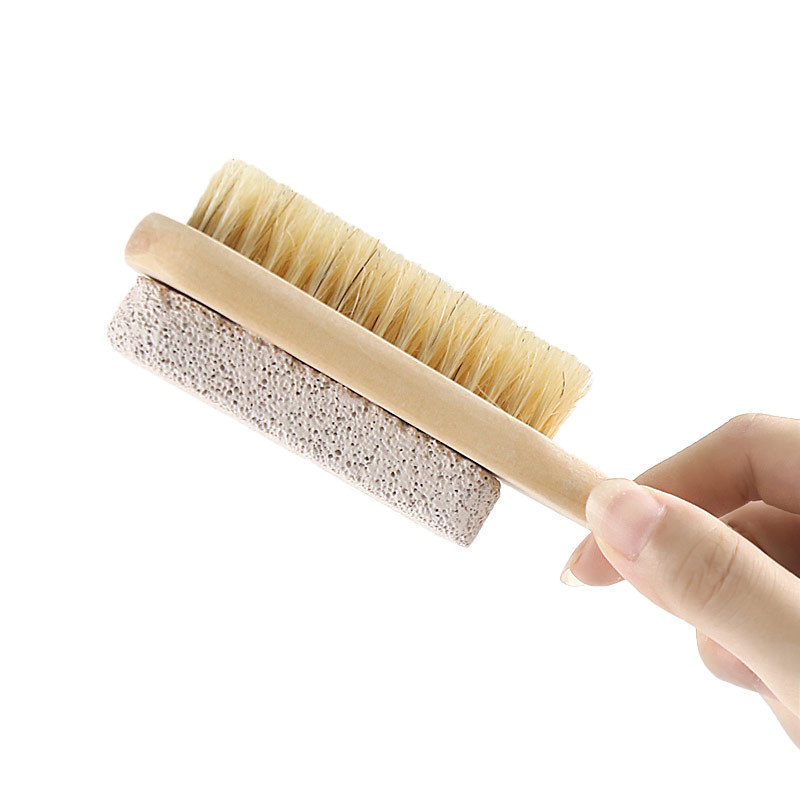 Factory Direct Eco-Friendly Natural Double Side Wood Foot Pumice Stone Brush With Boar Bristle Nail Clean Brush