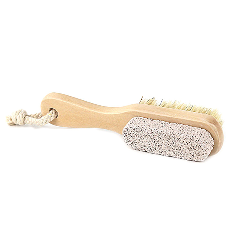 Factory Direct Eco-Friendly Natural Double Side Wood Foot Pumice Stone Brush With Boar Bristle Nail Clean Brush