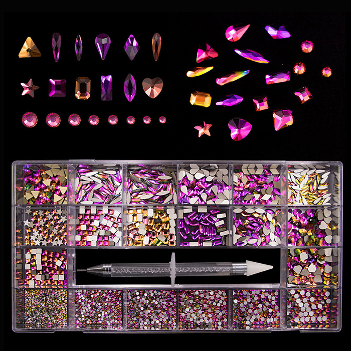 Popular Multi Shapes Nail Flatback Crystals Round AB Nail Fancy Rhinestone Box Kit Set Nail Stones