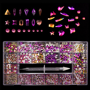 Popular Multi Shapes Nail Flatback Crystals Round AB Nail Fancy Rhinestone Box Kit Set Nail Stones