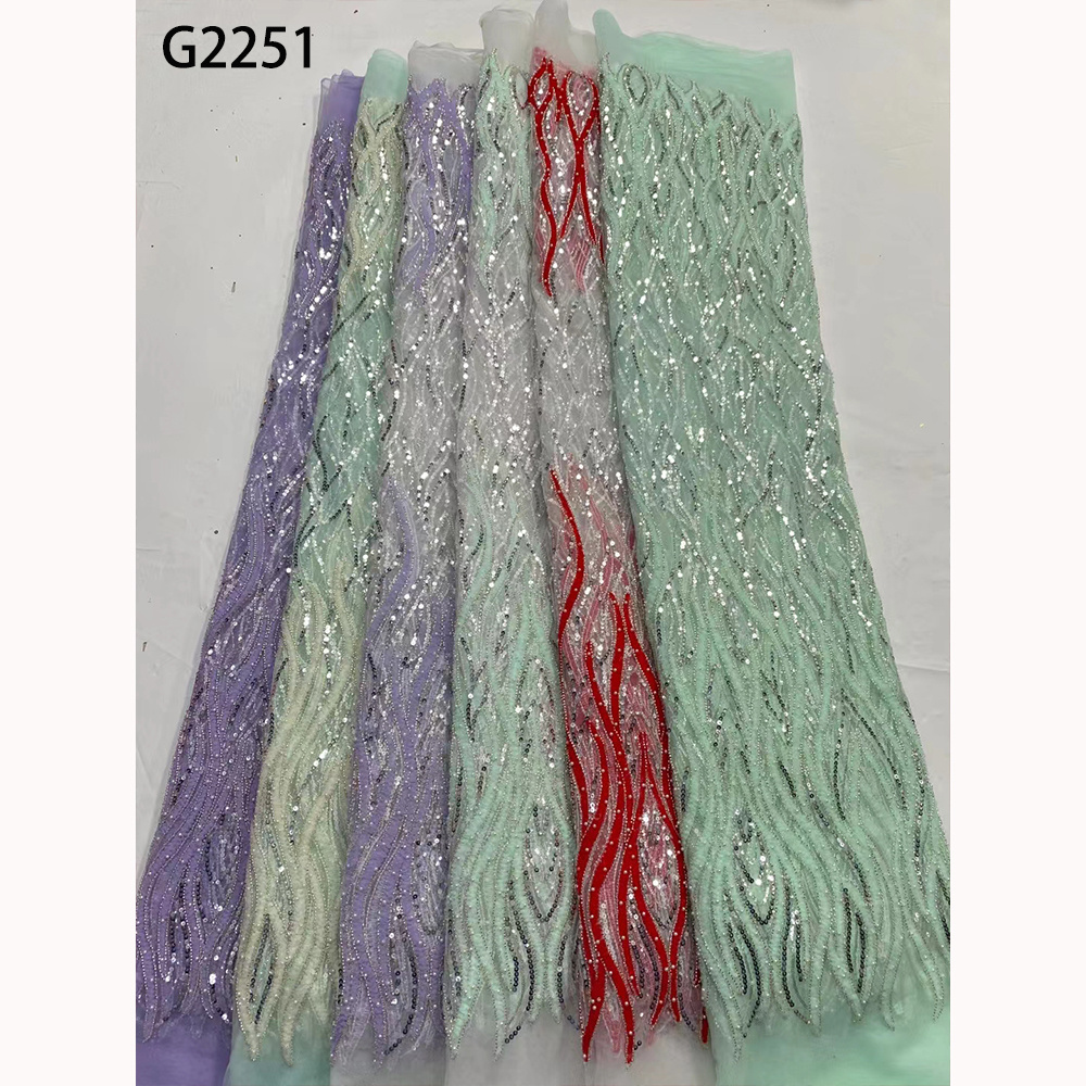 G2251 5 Yards Unique Embroidery French Lace Beaded Sequined 2024 Bridal Lace Fabric For Africa Women Nigerian Party Ladies Dress