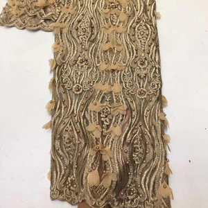 Comely embroidery beaded tulle mesh lace fabric gold women dress african lace fabrics 2019 nigerian