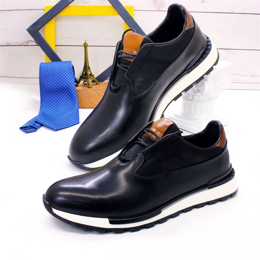 Genuine Cowhide Leather Men's Sports Casual Shoes Non-slip Sole Men's Leather Shoes Smooth Upper Elastic Band Sneakers