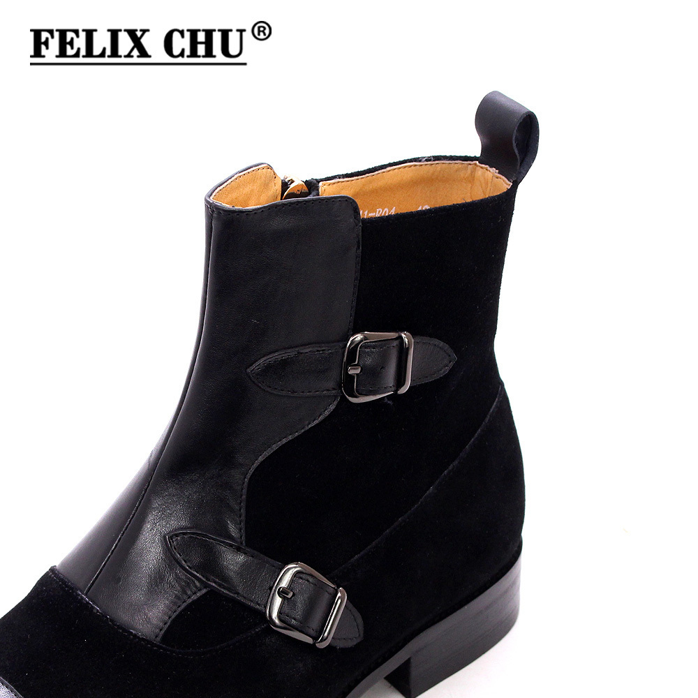 Genuine Leather Men Shoes Captoe  Nubuck Patchwork Casual High Top Shoes With Buckle Male Midi Boots