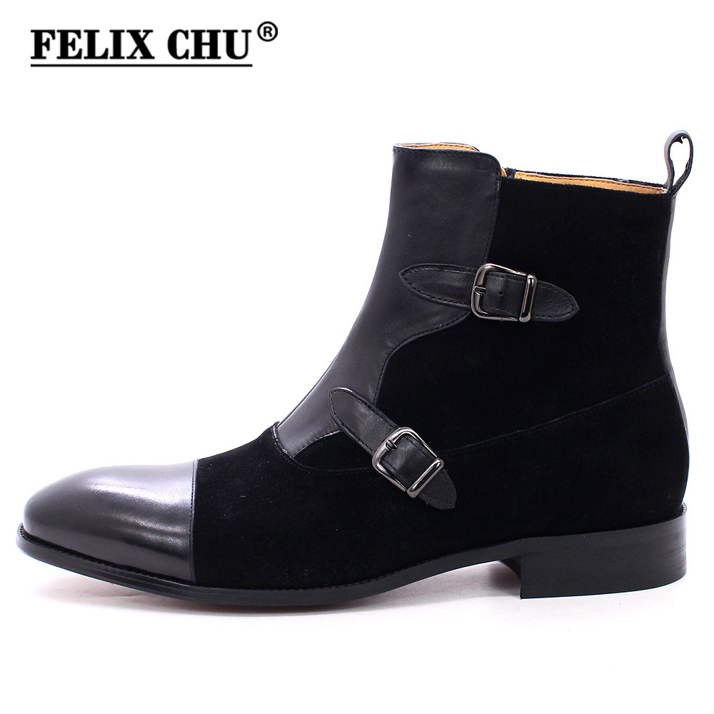 Genuine Leather Men Shoes Captoe  Nubuck Patchwork Casual High Top Shoes With Buckle Male Midi Boots