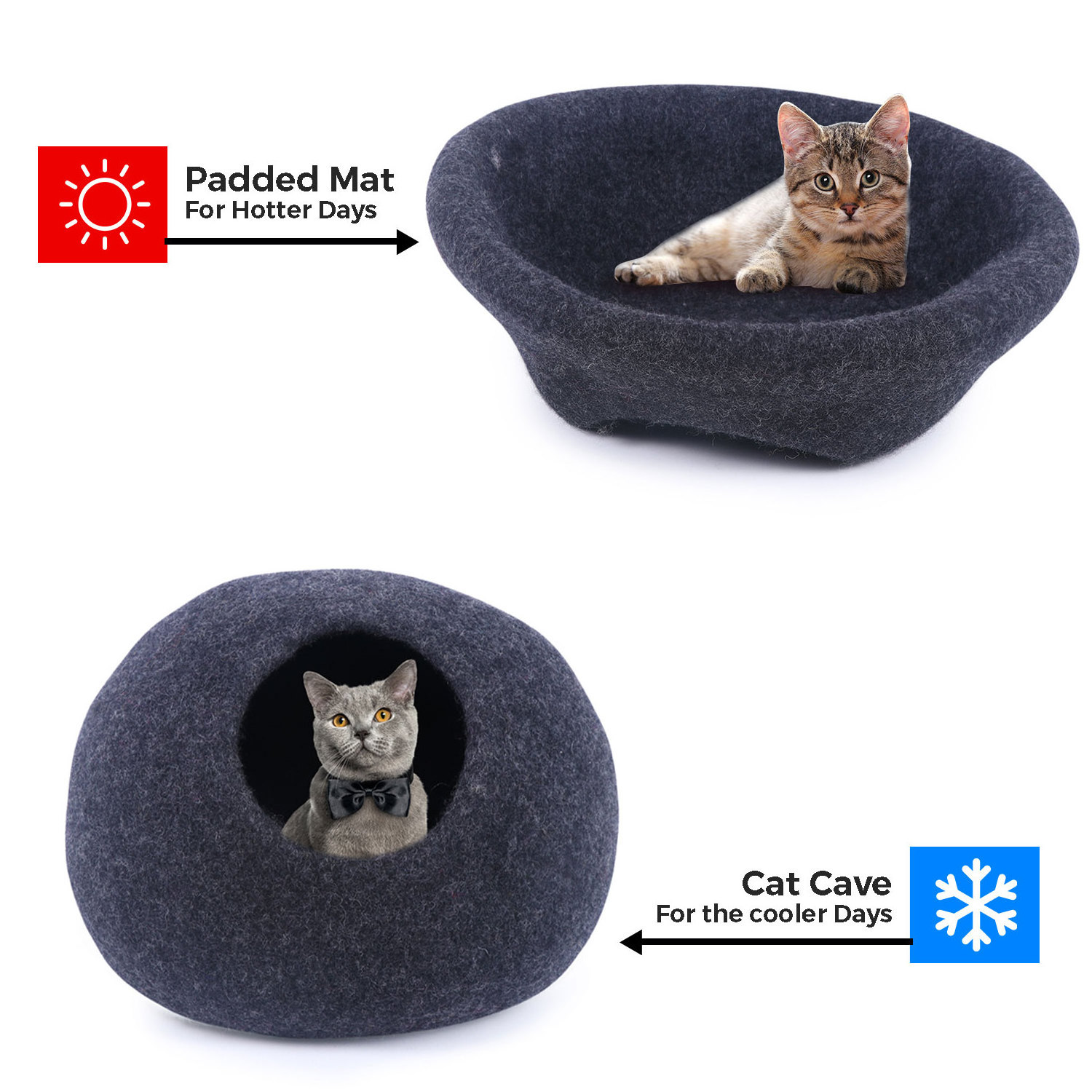 Charcoal Cat Cave-Felt Cat Cave-Premium Felt Cat Bed Cave