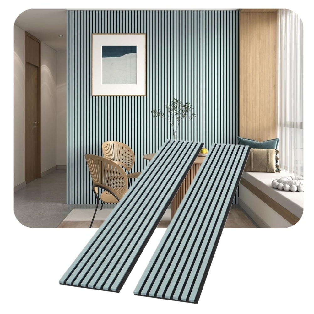 interior slats pet and wooden soundproof grooved acoustic art panels blue PVC 3side wood slat panel acoustic wooden