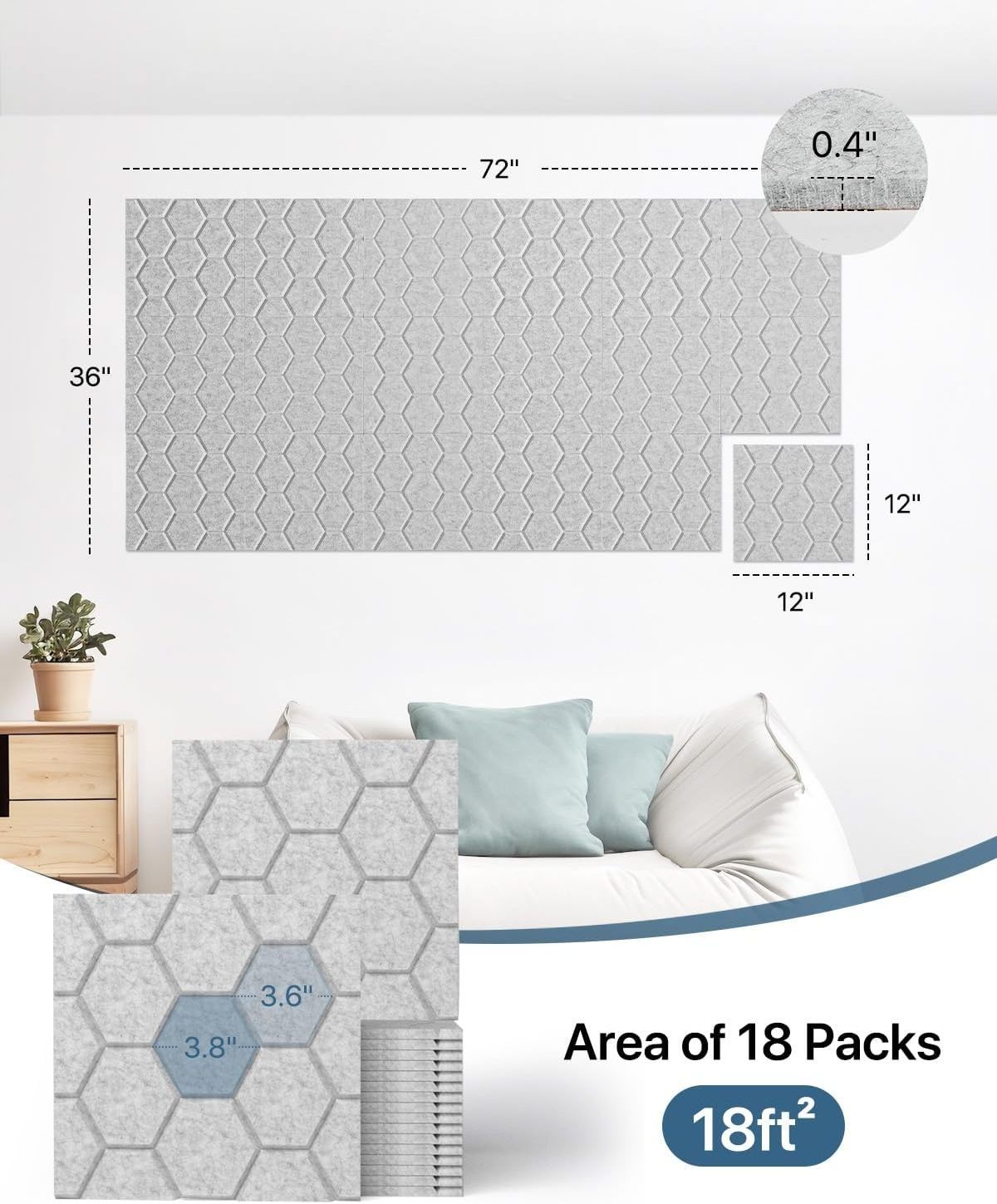 hexagon Acoustic Panels Soundproof Wall Panels 12''X12'' Self-Adhesive Sound Absorbing Panel for Walls Ceiling Studio