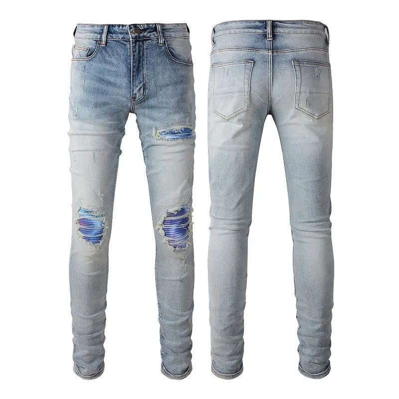 Color Patch Ripped Jeans quick dry breathable Men's Street Style Skinny Jeans custom logo Men's Blue Men's Jeans wholesale