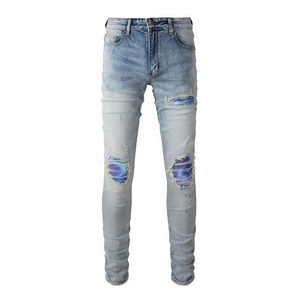 Color Patch Ripped Jeans quick dry breathable Men's Street Style Skinny Jeans custom logo Men's Blue Men's Jeans wholesale