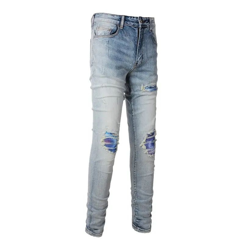 Color Patch Ripped Jeans quick dry breathable Men's Street Style Skinny Jeans custom logo Men's Blue Men's Jeans wholesale