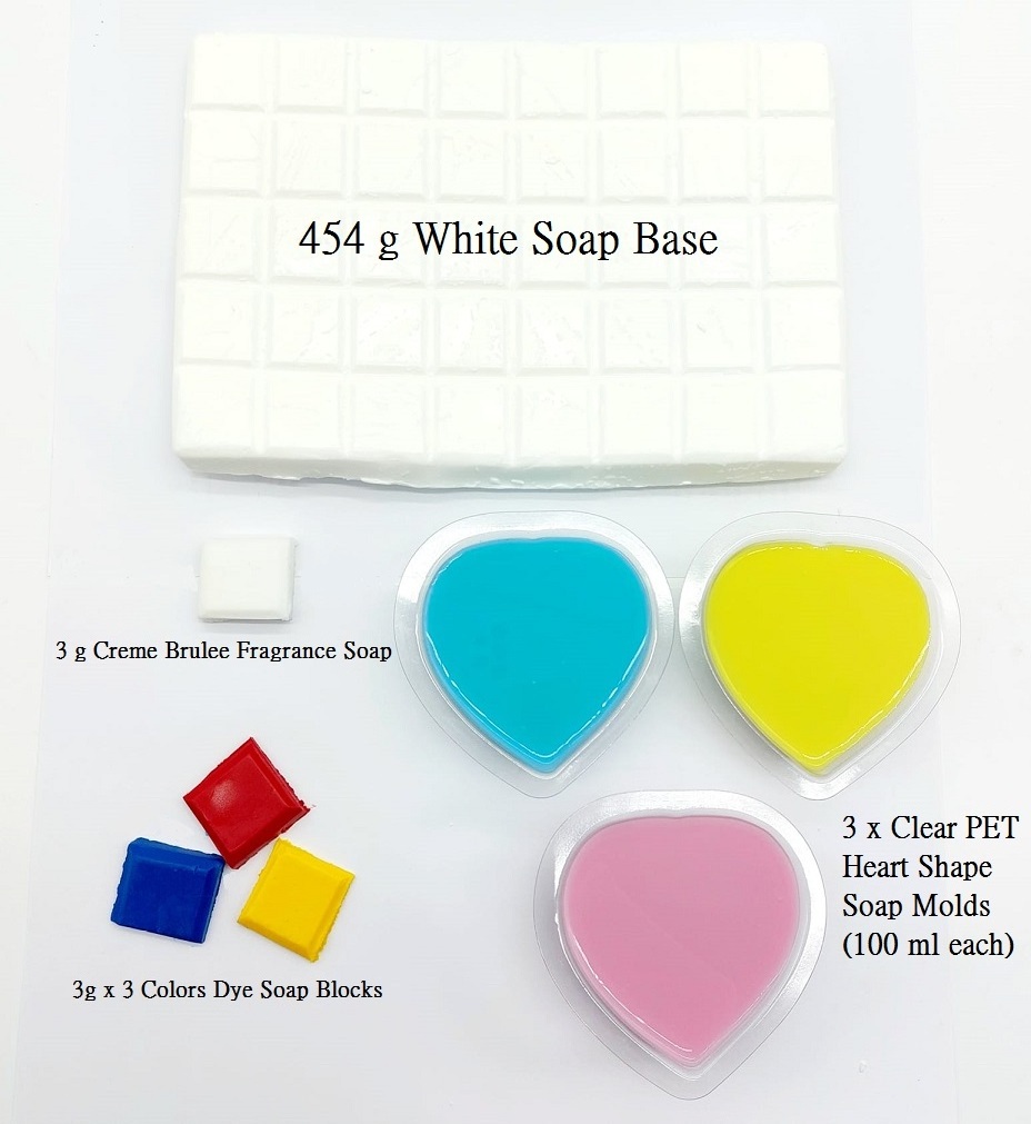 Soap Making Kit includes 3 Heart Shaped Molds 453 g White Soap Base Creme Brulee Fragrance and 3 colors Dye Soaps