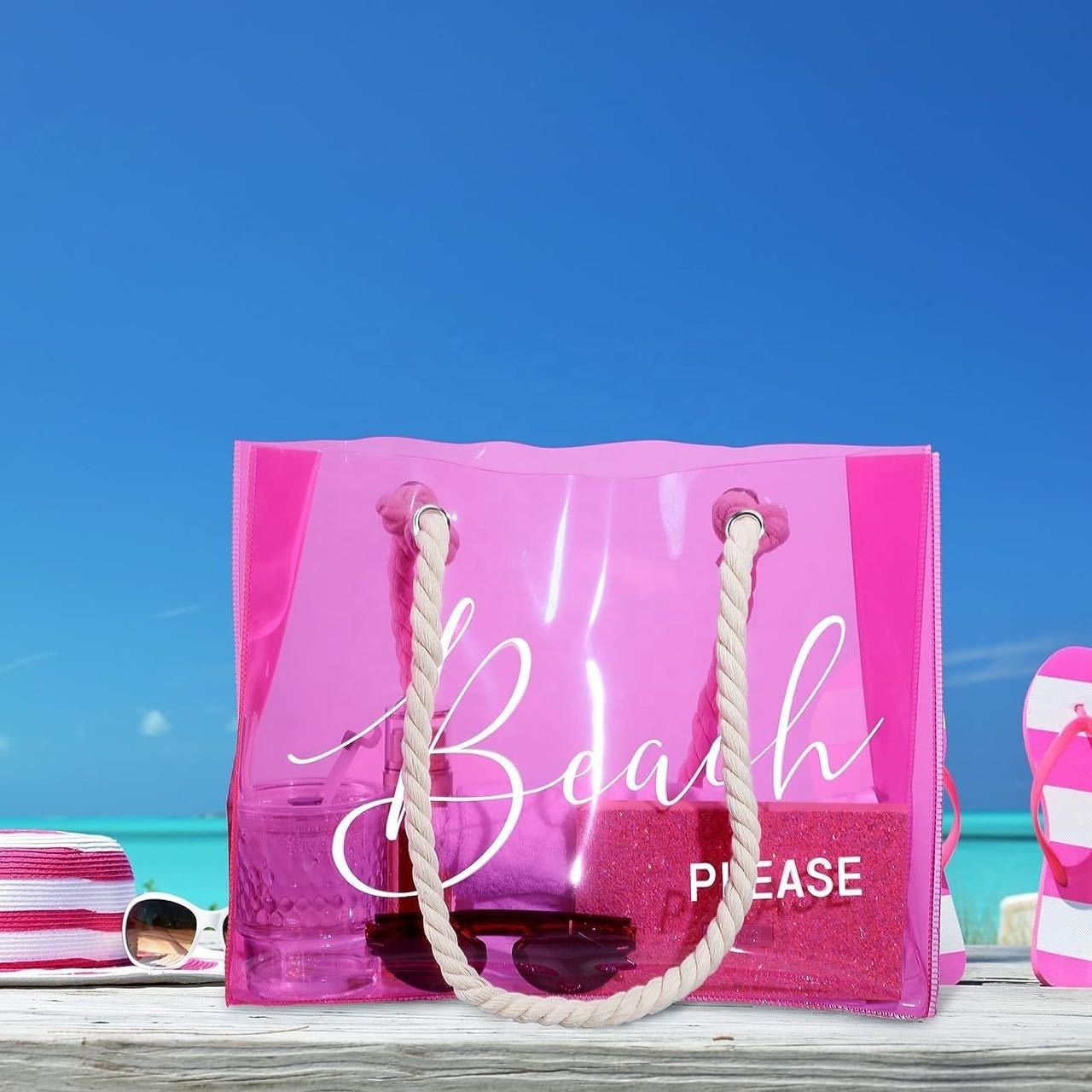 Personalized Neon Transparent Tote Bag for Bridesmaid Bachelorette Beach Party Gift