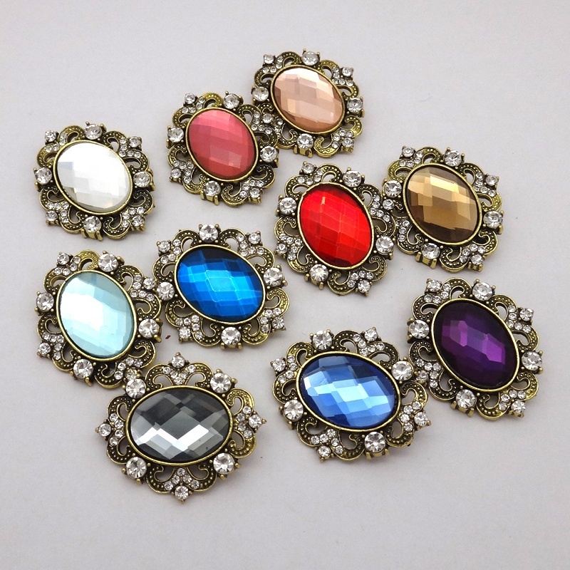 Vintage Glass Retro oval Rhinestone Buttons Antique Gold Metal Shank Buttons in stock 26 x32mm