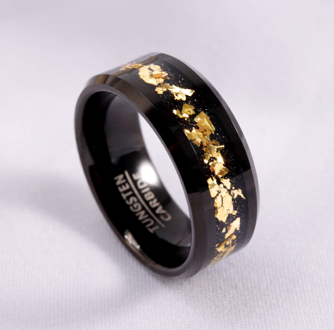 8mm Real Meteorite Chip Gold Foil Inlay Black Tungsten Ring for Men Women Fashion Engagement Wedding Band