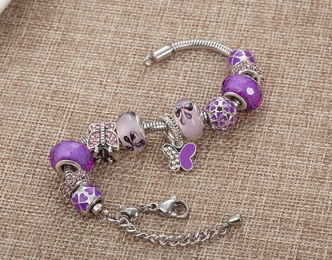 Purple rhinestone charm bangle  butterfly bracelet stainless steel