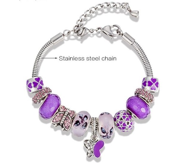 Purple rhinestone charm bangle  butterfly bracelet stainless steel