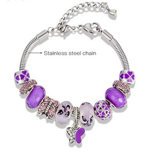 Purple rhinestone charm bangle  butterfly bracelet stainless steel