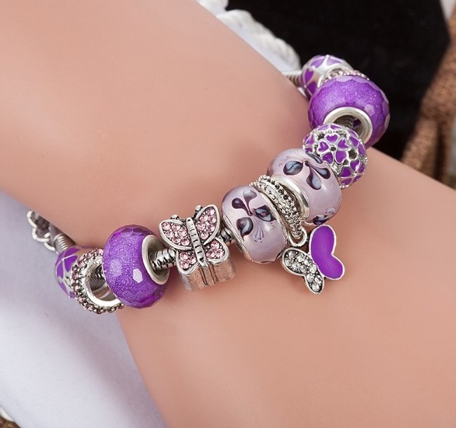 Purple rhinestone charm bangle  butterfly bracelet stainless steel