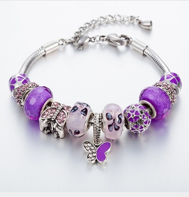 Purple rhinestone charm bangle  butterfly bracelet stainless steel