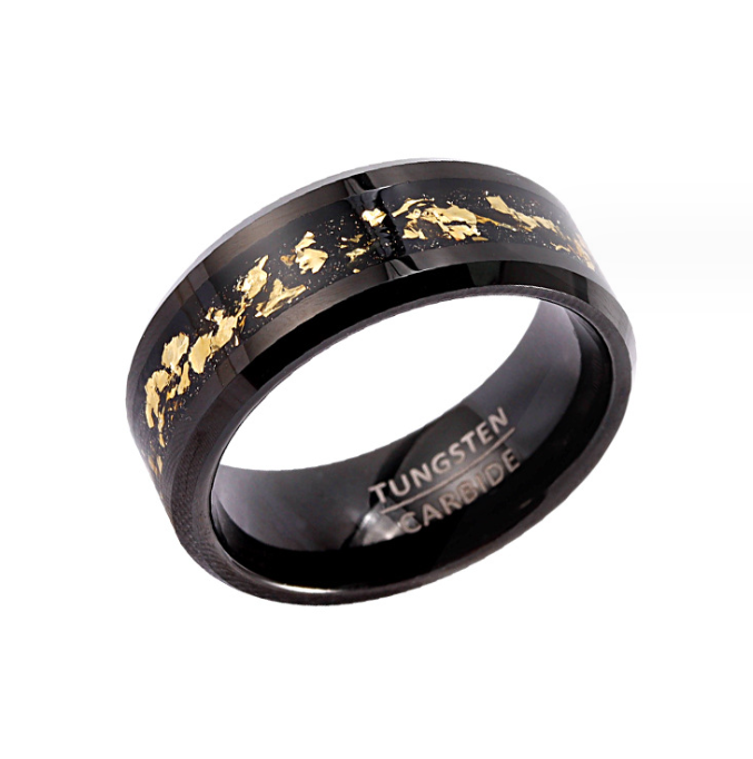 8mm Real Meteorite Chip Gold Foil Inlay Black Tungsten Ring for Men Women Fashion Engagement Wedding Band