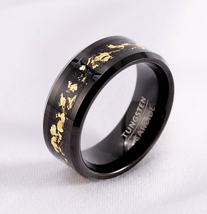 8mm Real Meteorite Chip Gold Foil Inlay Black Tungsten Ring for Men Women Fashion Engagement Wedding Band