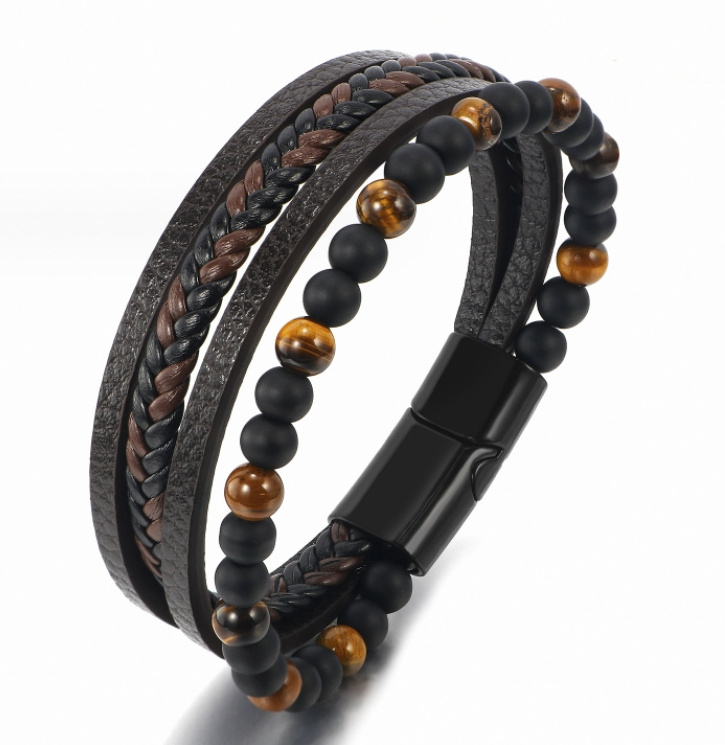 Wholesale Luxury Punk Tiger Eye Natural Stone Bead Lava Men'S Magnetic Clasp Men Jewelry   Black Genuine Leather Bracelet