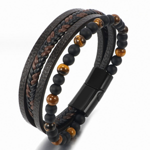 Wholesale Luxury Punk Tiger Eye Natural Stone Bead Lava Men'S Magnetic Clasp Men Jewelry   Black Genuine Leather Bracelet