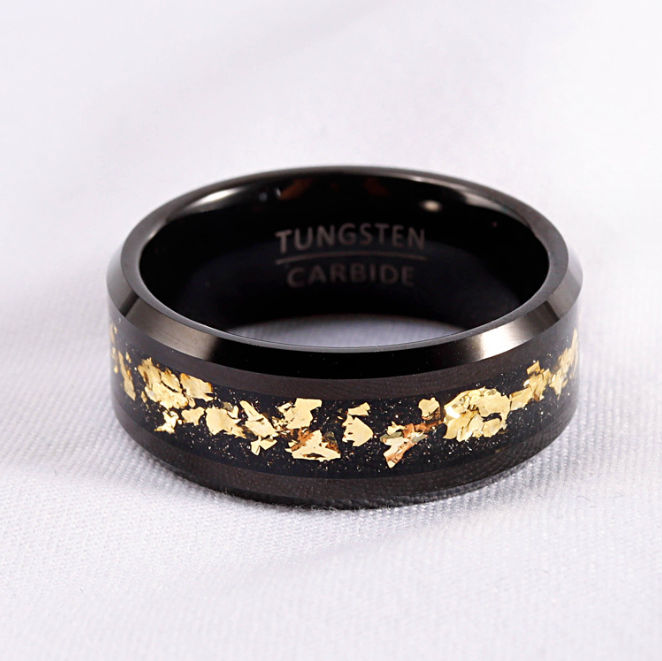 8mm Real Meteorite Chip Gold Foil Inlay Black Tungsten Ring for Men Women Fashion Engagement Wedding Band