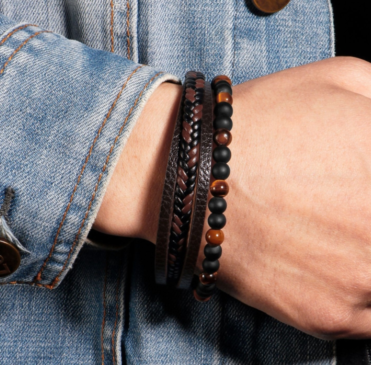 Wholesale Luxury Punk Tiger Eye Natural Stone Bead Lava Men'S Magnetic Clasp Men Jewelry   Black Genuine Leather Bracelet