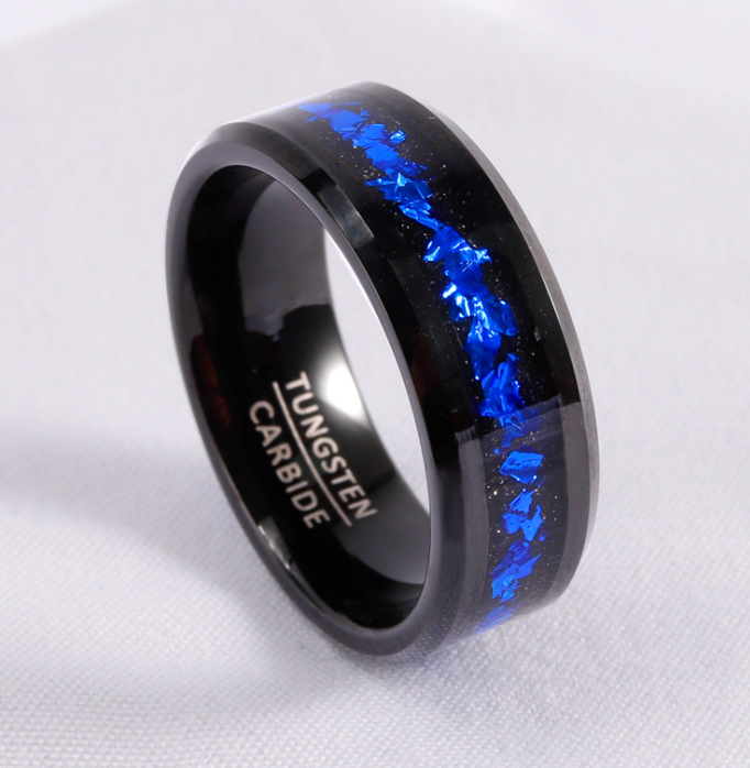 Black Tungsten Carbide ring for Men Women Fashion Engagement Wedding Band Blue Opal Inlay Polished Comfort Fit