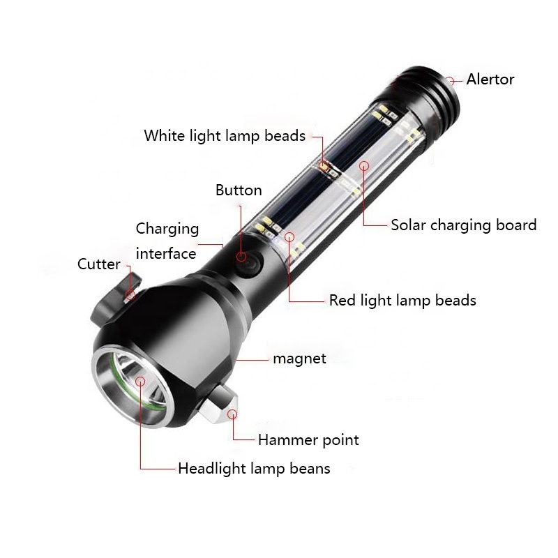 Solar Multi-function 6 in 1 Led Flashlight Safety Hammer Seat Belt Cutter Car Emergency Tool